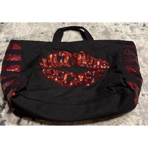 Victorias Secret Womens Large Tote Bag Red Lips Black Red Sequin Bling New